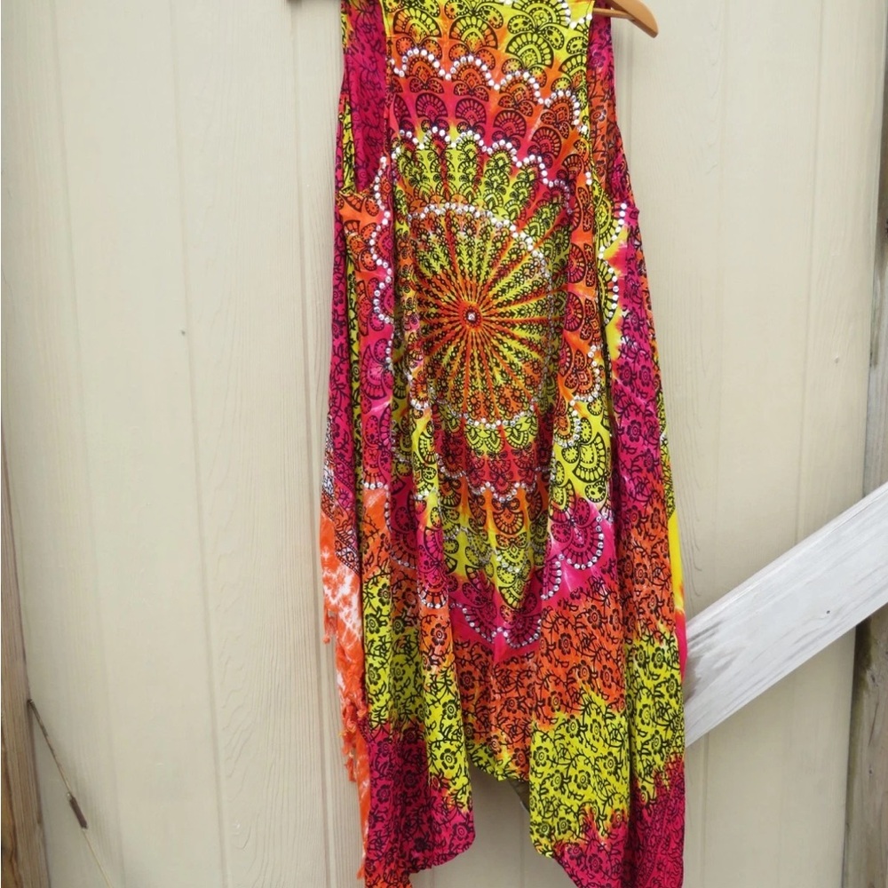 Vibrant Sequin Tie Dye Mandala Fringe Vest Festival Beach Cover-up One Size